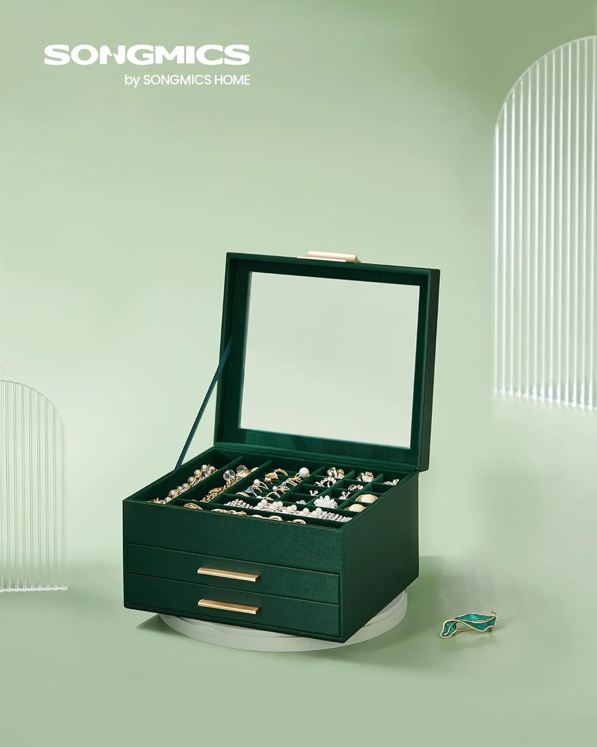 SONGMICS Jewelry Box Organizer with Glass Lid, 3-Layer Jewelry Storage, with 2 Drawers, Modern Style, 8 x 9.1 x 5.3 Inches, Forest Green and Gold Color UJBC239C01