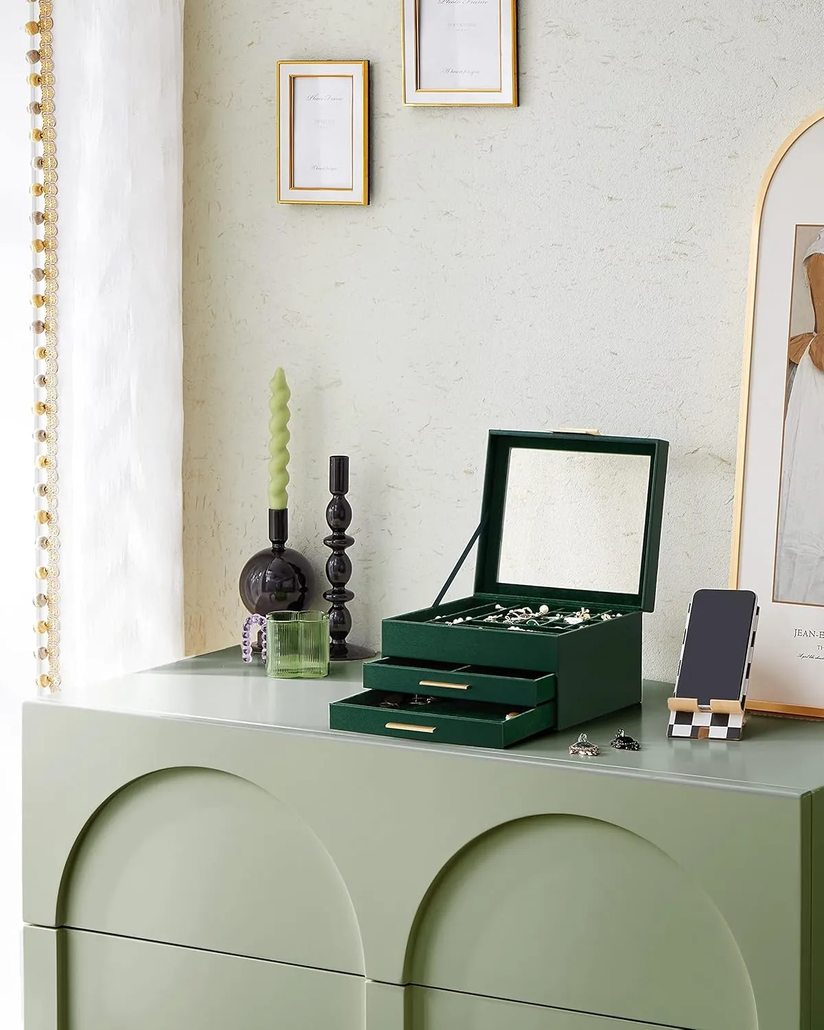 SONGMICS Jewelry Box Organizer with Glass Lid, 3-Layer Jewelry Storage, with 2 Drawers, Modern Style, 8 x 9.1 x 5.3 Inches, Forest Green and Gold Color UJBC239C01