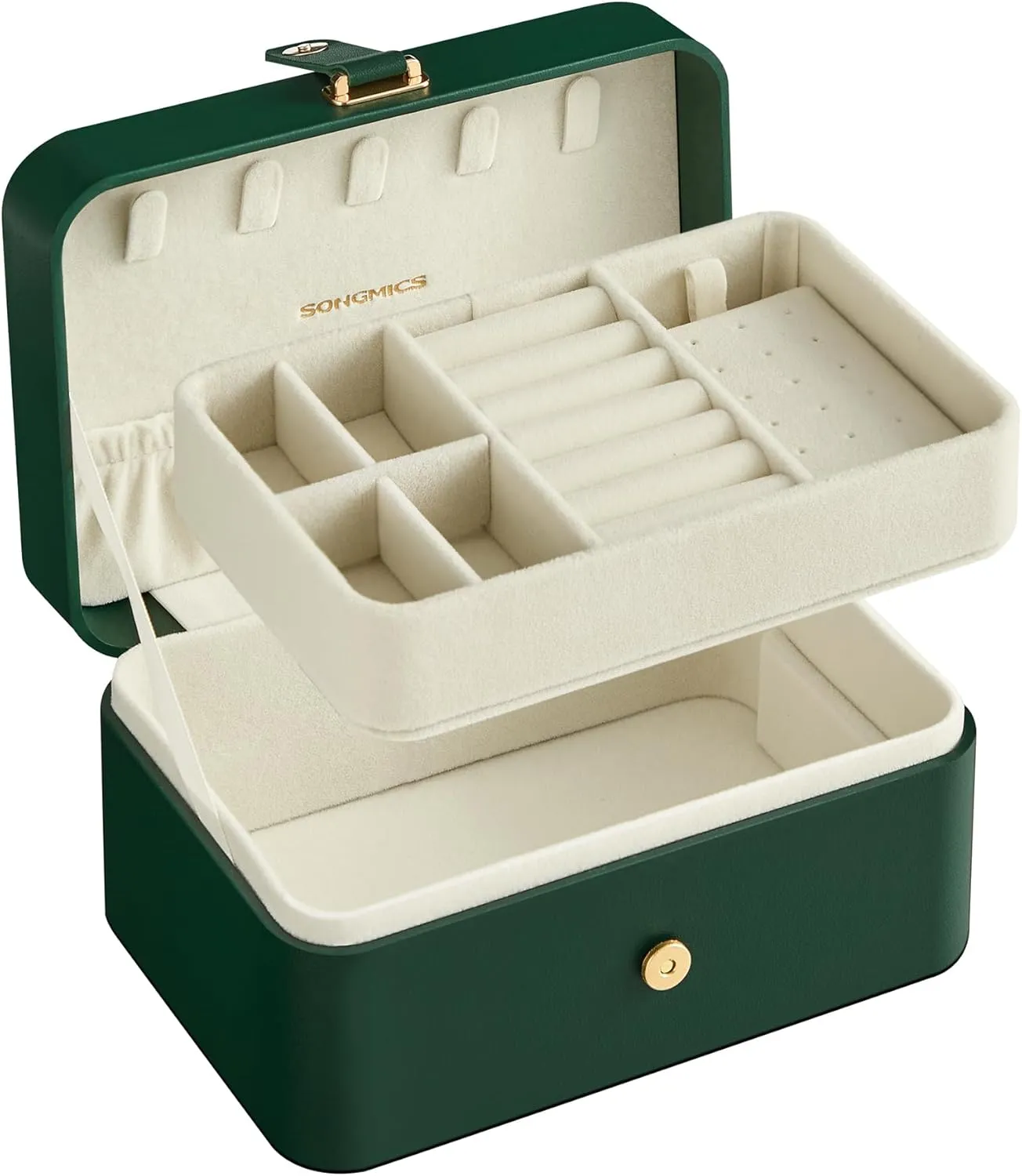 SONGMICS Jewelry Box, Travel Jewelry Case, 2-Layer Jewelry Holder Organizer, Portable Versatile Earring Storage, for Larger Accessories, Forest Green UJBC166C01