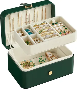 SONGMICS Jewelry Box, Travel Jewelry Case, 2-Layer Jewelry Holder Organizer, Portable Versatile Earring Storage, for Larger Accessories, Forest Green UJBC166C01