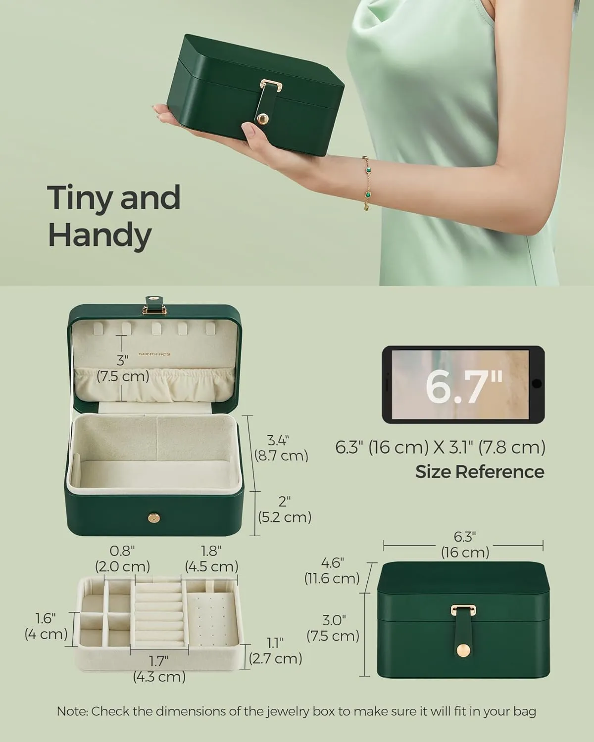 SONGMICS Jewelry Box, Travel Jewelry Case, 2-Layer Jewelry Holder Organizer, Portable Versatile Earring Storage, for Larger Accessories, Forest Green UJBC166C01
