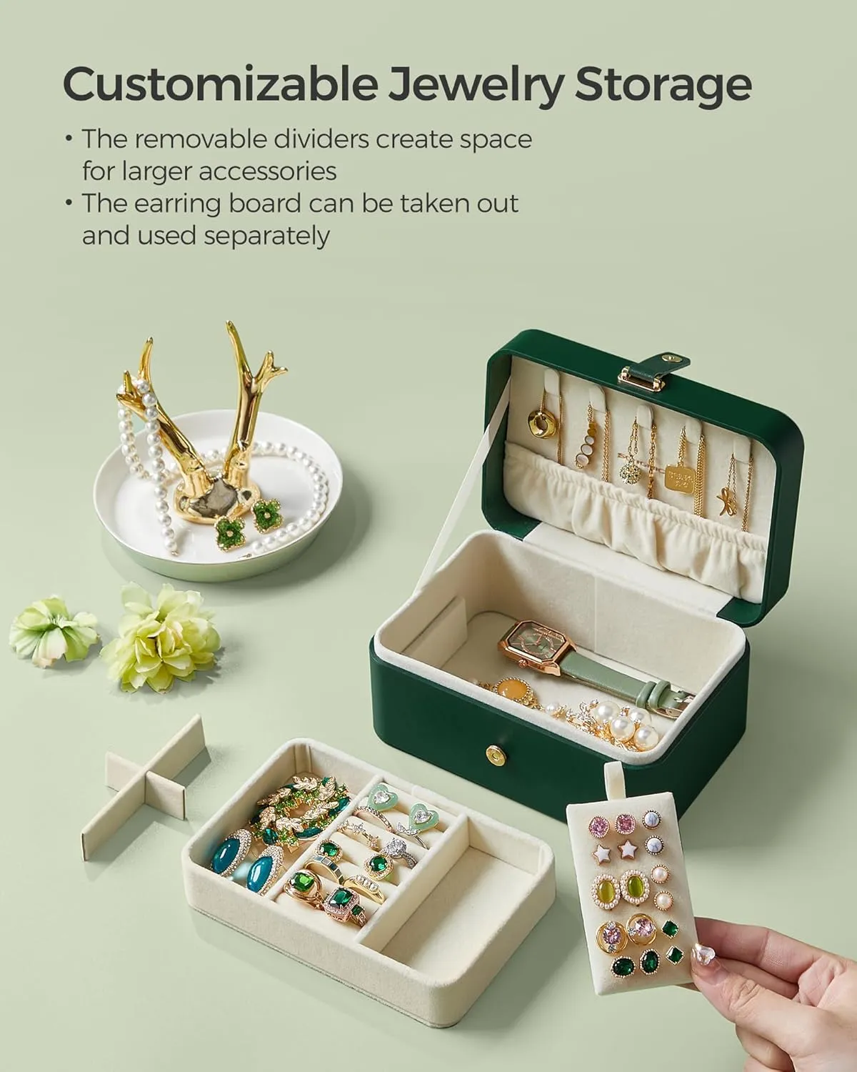 SONGMICS Jewelry Box, Travel Jewelry Case, 2-Layer Jewelry Holder Organizer, Portable Versatile Earring Storage, for Larger Accessories, Forest Green UJBC166C01
