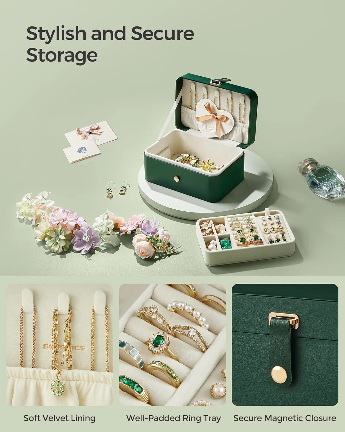 SONGMICS Jewelry Box, Travel Jewelry Case, 2-Layer Jewelry Holder Organizer, Portable Versatile Earring Storage, for Larger Accessories, Forest Green UJBC166C01
