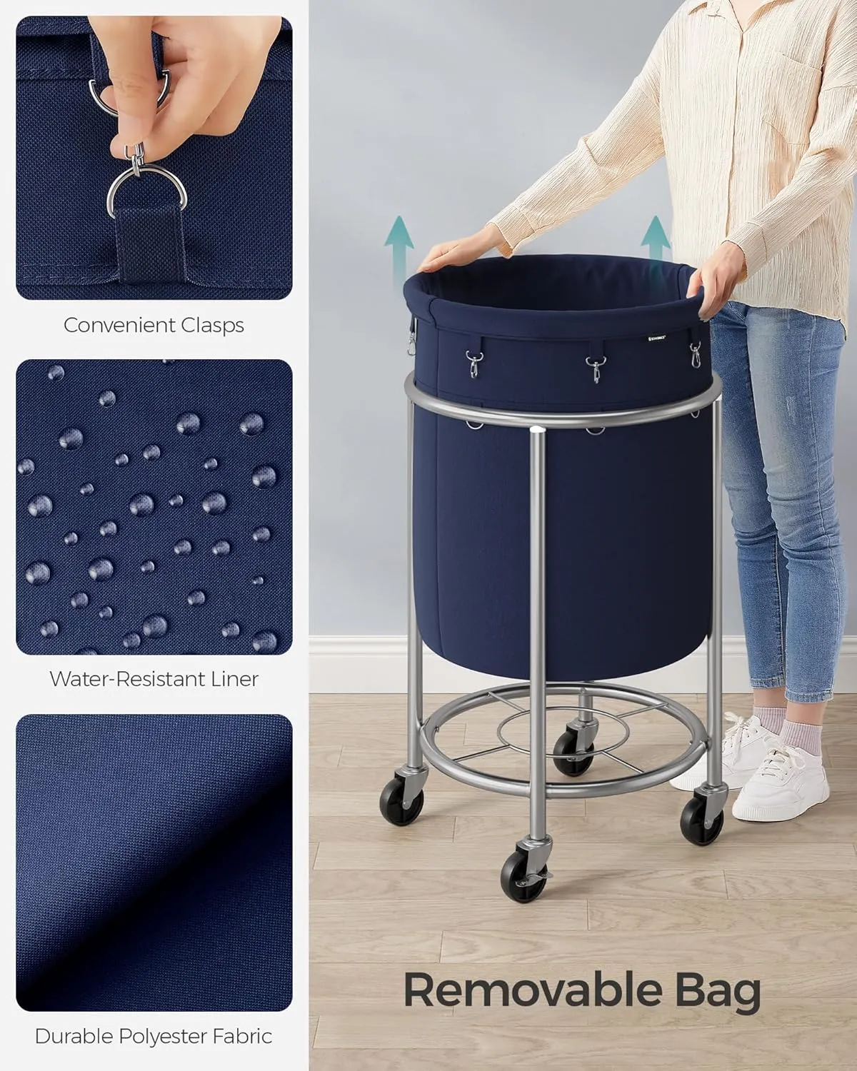 SONGMICS Laundry Basket with Casters, Rolling Laundry Hamper, 29 Gal., Round Laundry Cart with Steel Frame and Removable Bag, 4 Casters and 2 Brakes, Charcoal Blue and Metallic Silver URLS002Q01