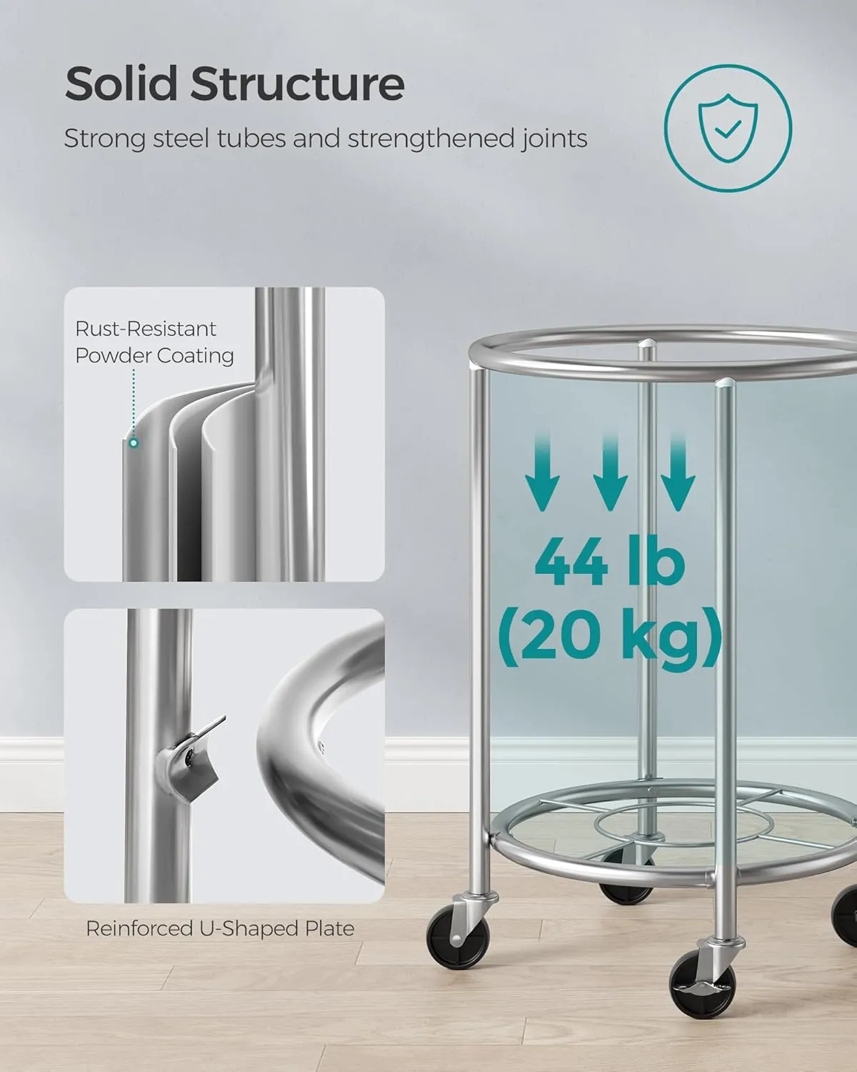 SONGMICS Laundry Basket with Casters, Rolling Laundry Hamper, 29 Gal., Round Laundry Cart with Steel Frame and Removable Bag, 4 Casters and 2 Brakes, Charcoal Blue and Metallic Silver URLS002Q01