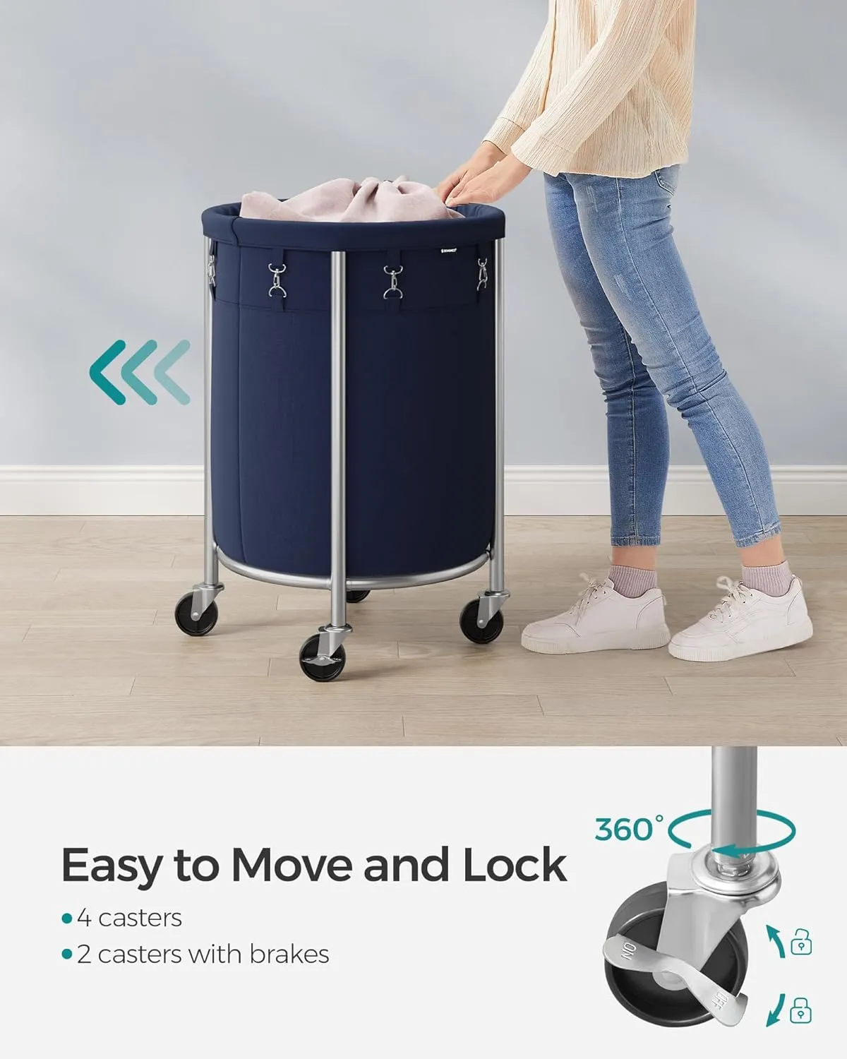 SONGMICS Laundry Basket with Casters, Rolling Laundry Hamper, 29 Gal., Round Laundry Cart with Steel Frame and Removable Bag, 4 Casters and 2 Brakes, Charcoal Blue and Metallic Silver URLS002Q01