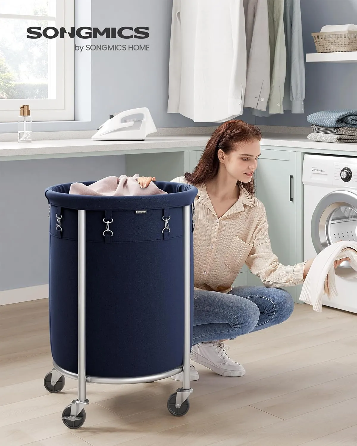 SONGMICS Laundry Basket with Casters, Rolling Laundry Hamper, 29 Gal., Round Laundry Cart with Steel Frame and Removable Bag, 4 Casters and 2 Brakes, Charcoal Blue and Metallic Silver URLS002Q01