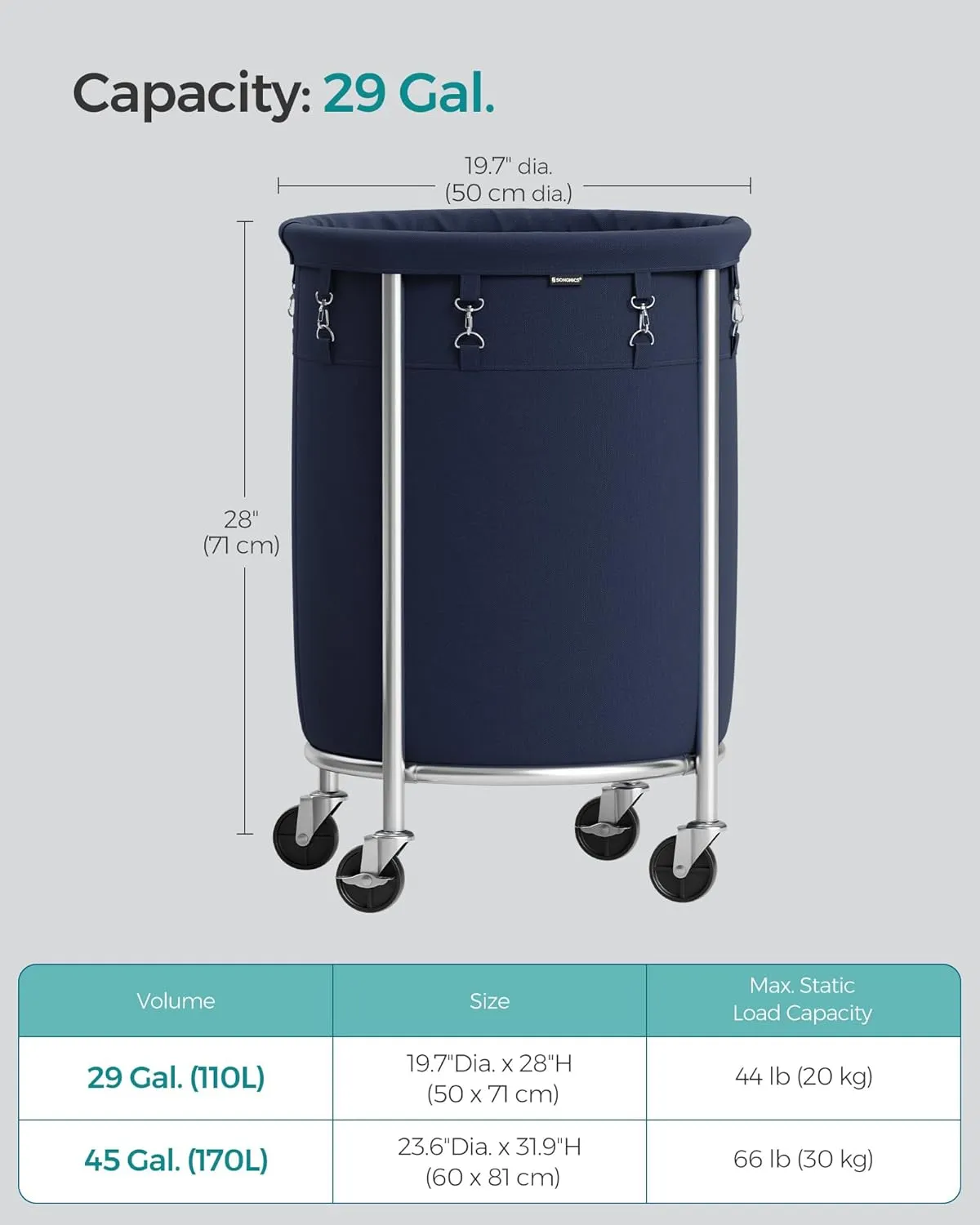 SONGMICS Laundry Basket with Casters, Rolling Laundry Hamper, 29 Gal., Round Laundry Cart with Steel Frame and Removable Bag, 4 Casters and 2 Brakes, Charcoal Blue and Metallic Silver URLS002Q01