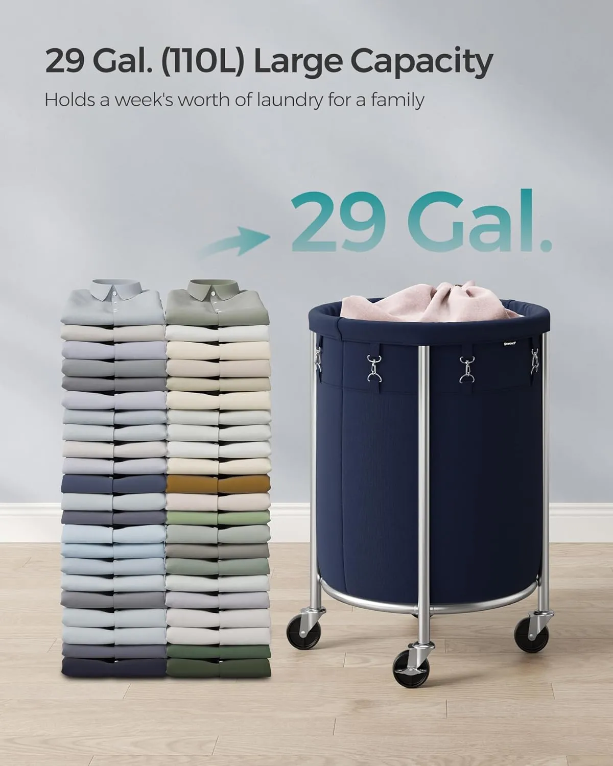 SONGMICS Laundry Basket with Casters, Rolling Laundry Hamper, 29 Gal., Round Laundry Cart with Steel Frame and Removable Bag, 4 Casters and 2 Brakes, Charcoal Blue and Metallic Silver URLS002Q01