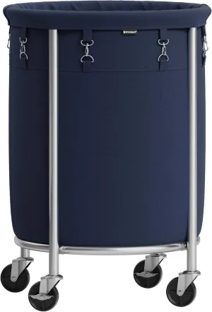 SONGMICS Laundry Basket with Casters, Rolling Laundry Hamper, 29 Gal., Round Laundry Cart with Steel Frame and Removable Bag, 4 Casters and 2 Brakes, Charcoal Blue and Metallic Silver URLS002Q01