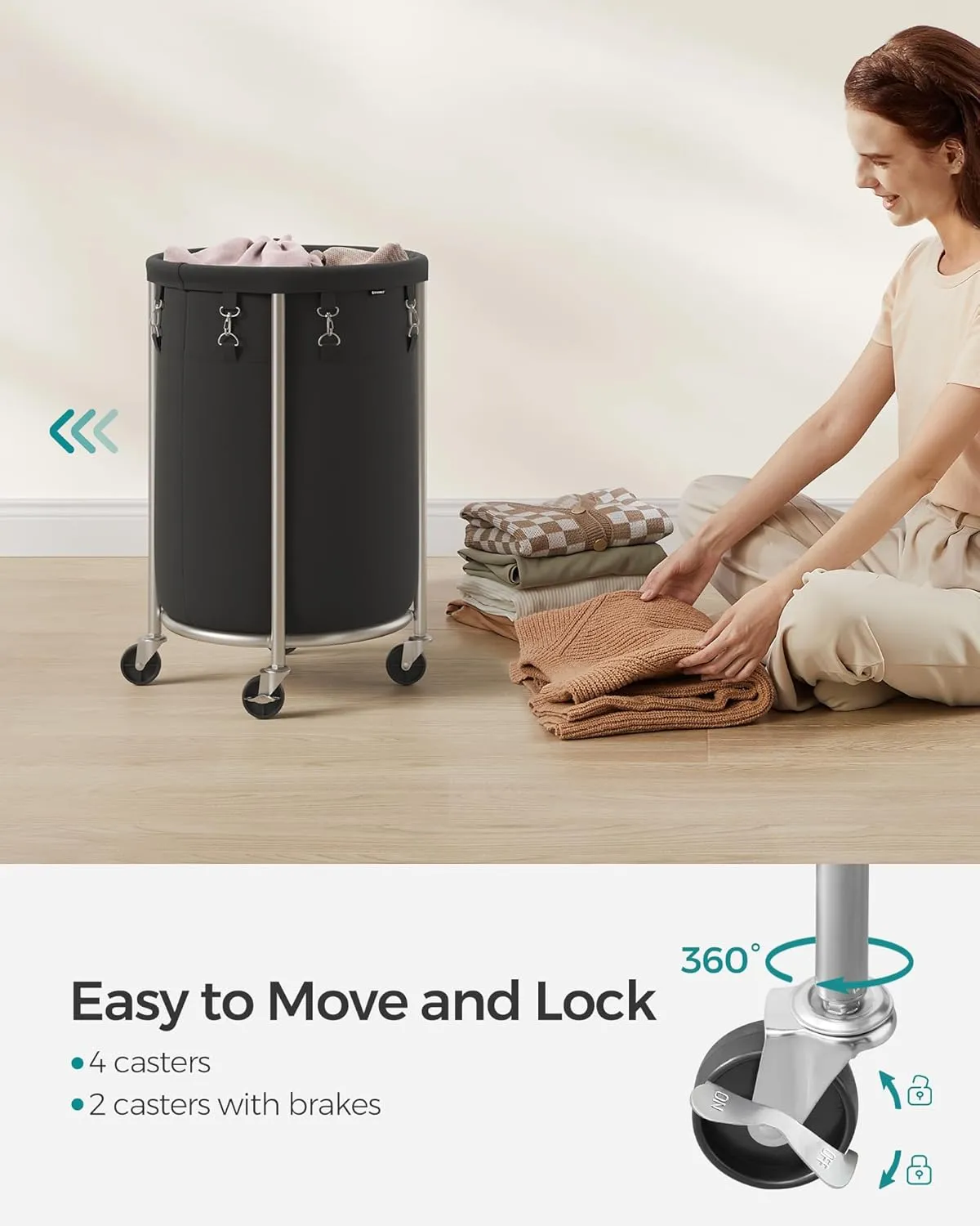 SONGMICS Laundry Basket with Wheels, Rolling Laundry Hamper, 18.5 Gal., Round Laundry Cart with Steel Frame and Removable Bag, 4 Casters and 2 Brakes, Black and Silver URLS006B01