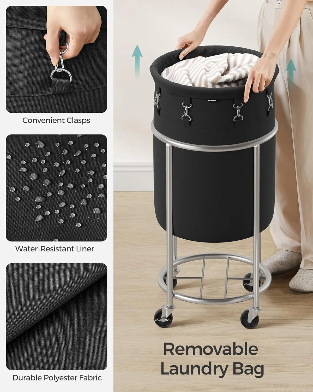 SONGMICS Laundry Basket with Wheels, Rolling Laundry Hamper, 18.5 Gal., Round Laundry Cart with Steel Frame and Removable Bag, 4 Casters and 2 Brakes, Black and Silver URLS006B01