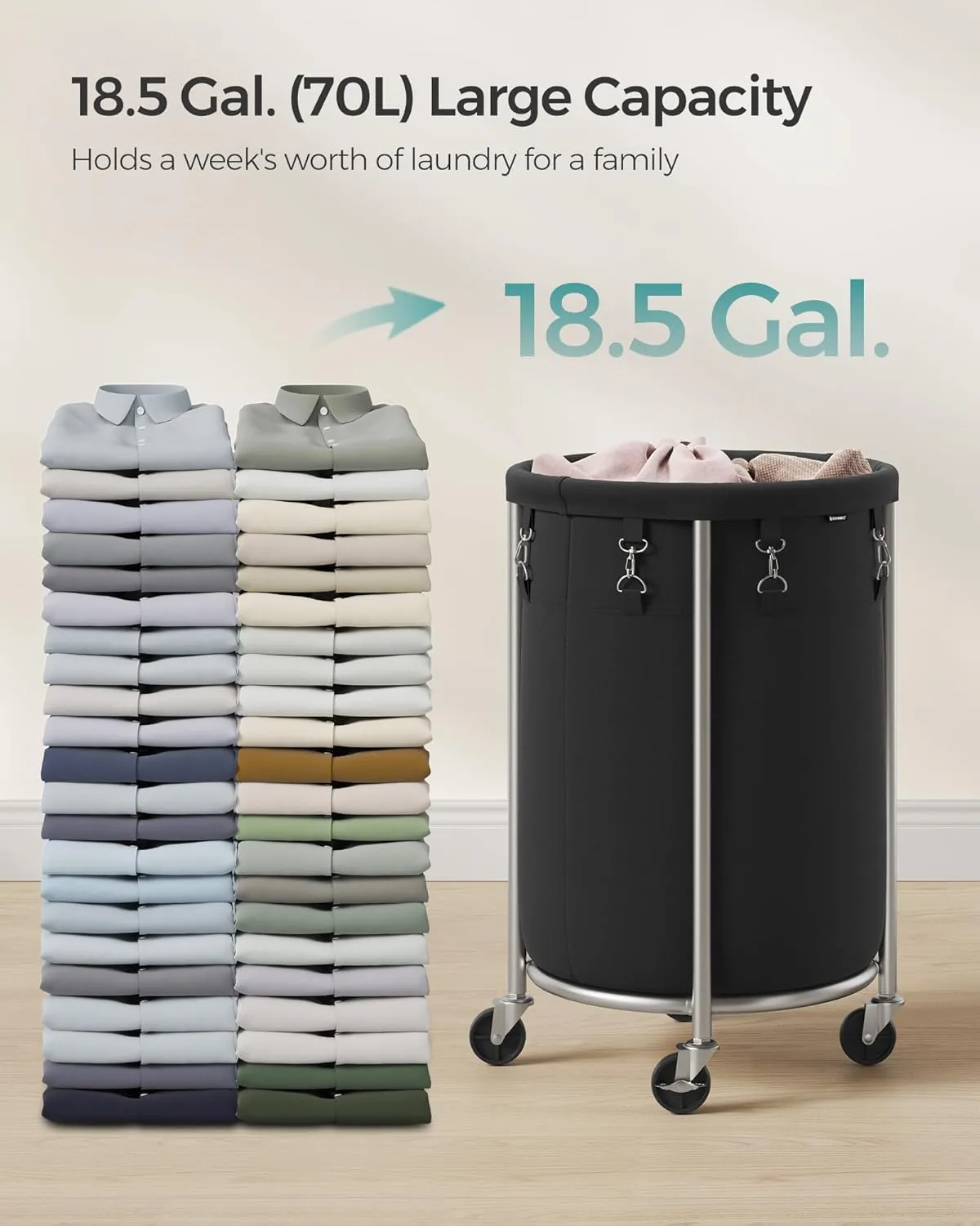 SONGMICS Laundry Basket with Wheels, Rolling Laundry Hamper, 18.5 Gal., Round Laundry Cart with Steel Frame and Removable Bag, 4 Casters and 2 Brakes, Black and Silver URLS006B01