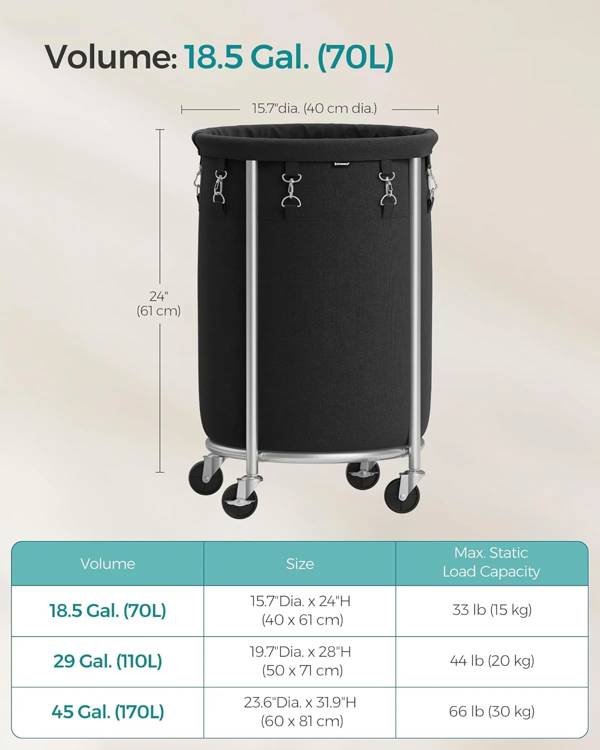 SONGMICS Laundry Basket with Wheels, Rolling Laundry Hamper, 18.5 Gal., Round Laundry Cart with Steel Frame and Removable Bag, 4 Casters and 2 Brakes, Black and Silver URLS006B01