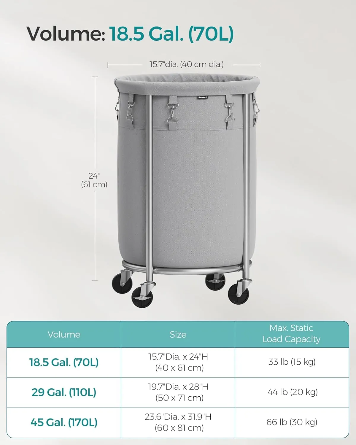 SONGMICS Laundry Basket with Wheels, Rolling Laundry Hamper, 18.5 Gal., Round Laundry Cart with Steel Frame and Removable Bag, 4 Casters and 2 Brakes, Gray and Silver URLS006G01