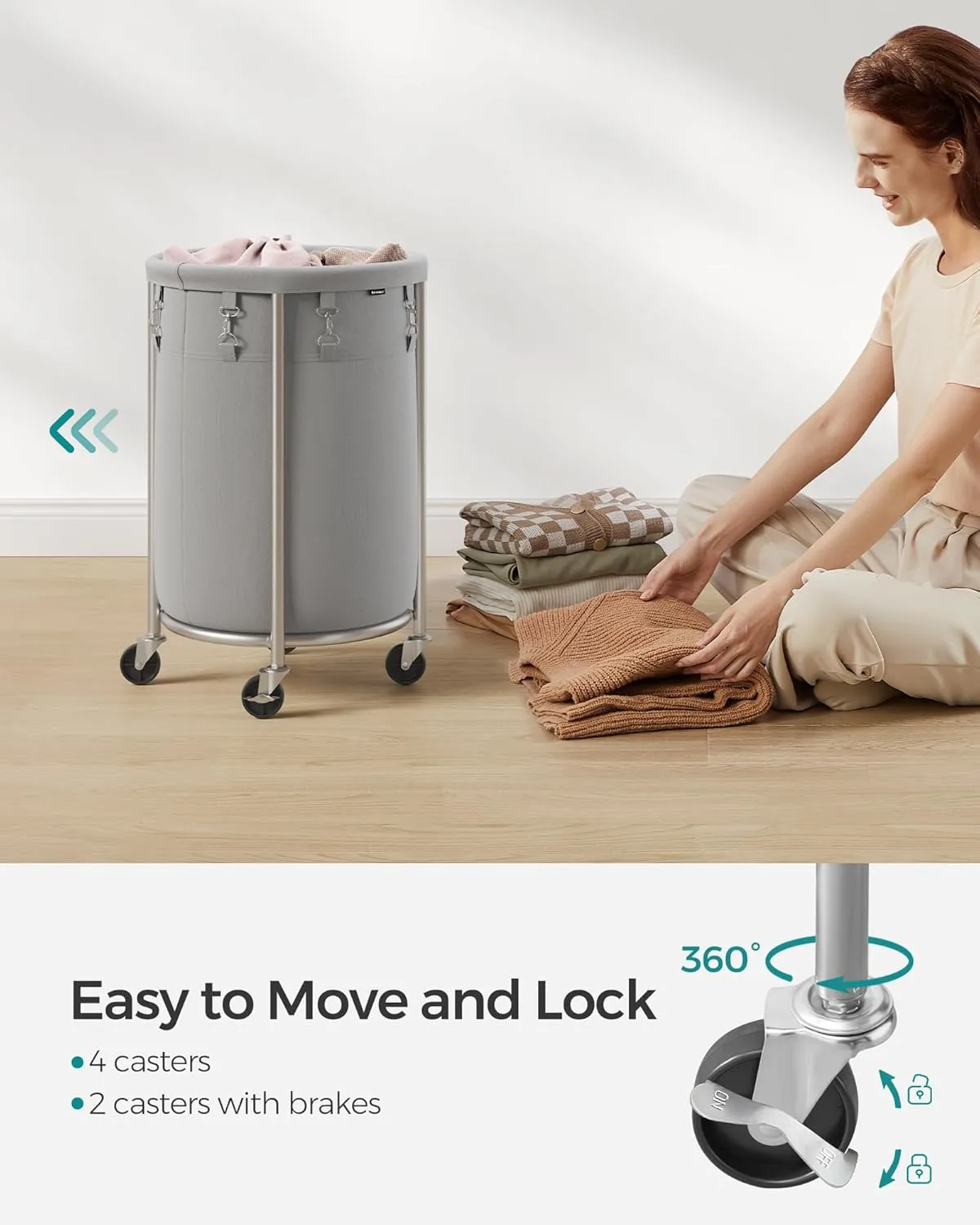 SONGMICS Laundry Basket with Wheels, Rolling Laundry Hamper, 18.5 Gal., Round Laundry Cart with Steel Frame and Removable Bag, 4 Casters and 2 Brakes, Gray and Silver URLS006G01