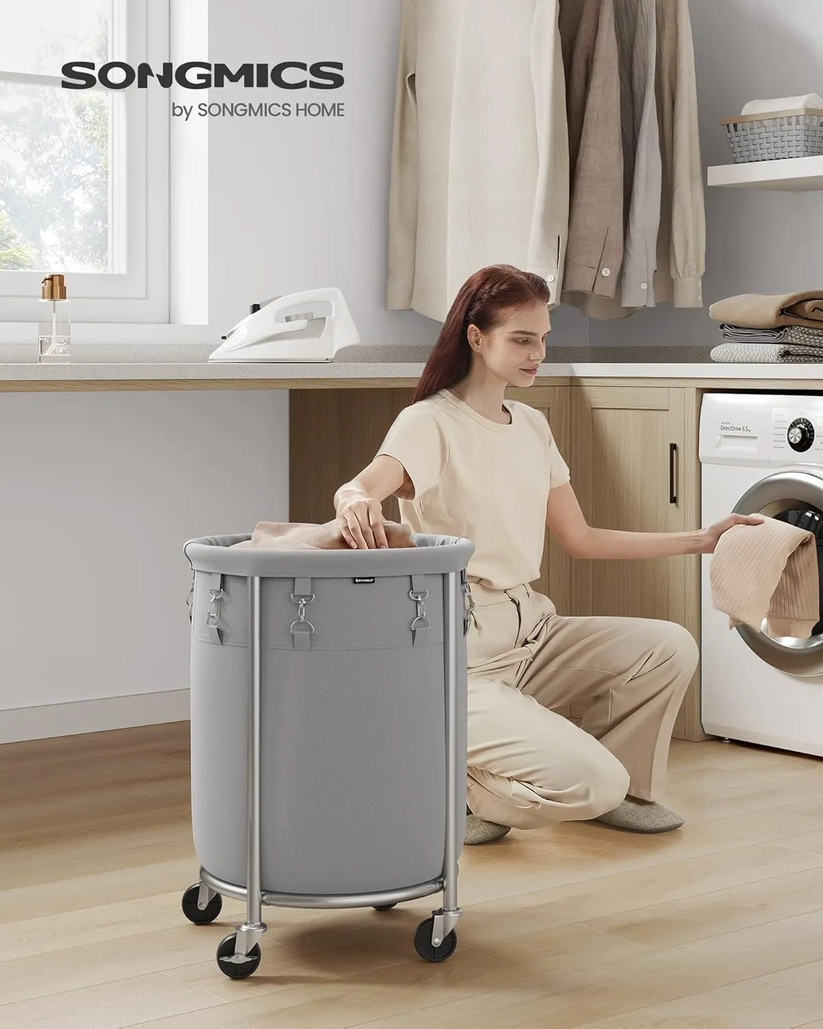 SONGMICS Laundry Basket with Wheels, Rolling Laundry Hamper, 18.5 Gal., Round Laundry Cart with Steel Frame and Removable Bag, 4 Casters and 2 Brakes, Gray and Silver URLS006G01