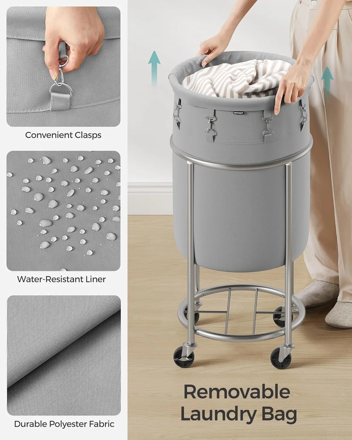 SONGMICS Laundry Basket with Wheels, Rolling Laundry Hamper, 18.5 Gal., Round Laundry Cart with Steel Frame and Removable Bag, 4 Casters and 2 Brakes, Gray and Silver URLS006G01