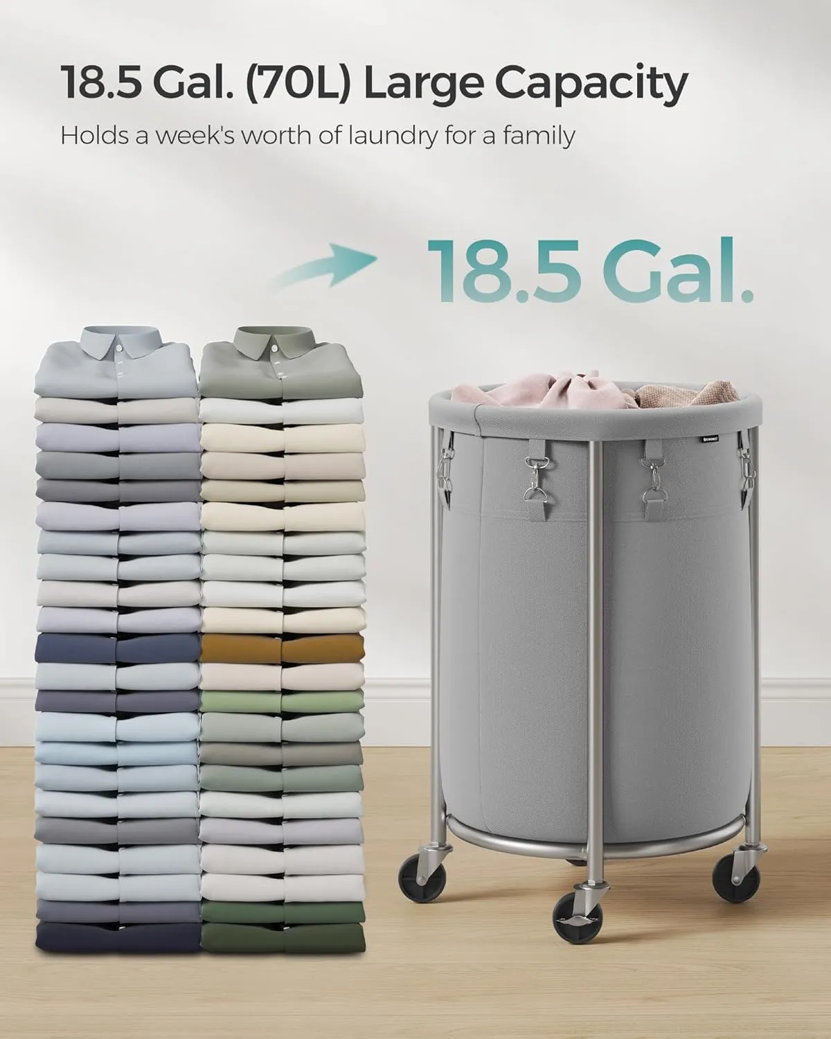 SONGMICS Laundry Basket with Wheels, Rolling Laundry Hamper, 18.5 Gal., Round Laundry Cart with Steel Frame and Removable Bag, 4 Casters and 2 Brakes, Gray and Silver URLS006G01