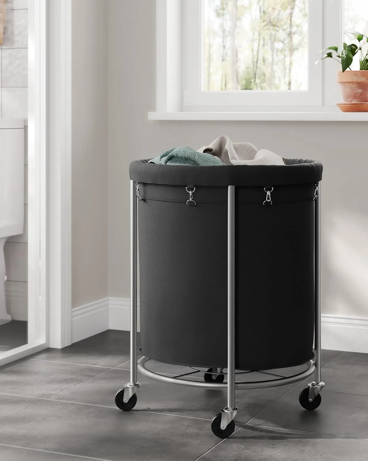 SONGMICS Laundry Basket with Wheels, Rolling Laundry Hamper, 45 Gal., Round Laundry Cart with Steel Frame and Removable Bag, 4 Casters and 2 Brakes, Black and Silver URLS001B01