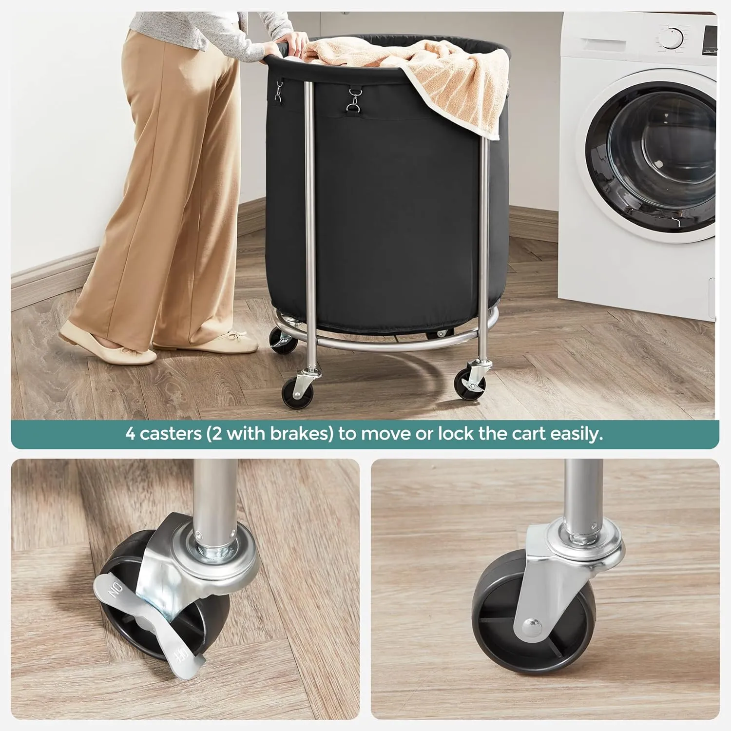 SONGMICS Laundry Basket with Wheels, Rolling Laundry Hamper, 45 Gal., Round Laundry Cart with Steel Frame and Removable Bag, 4 Casters and 2 Brakes, Black and Silver URLS001B01
