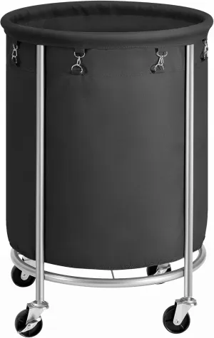 SONGMICS Laundry Basket with Wheels, Rolling Laundry Hamper, 45 Gal., Round Laundry Cart with Steel Frame and Removable Bag, 4 Casters and 2 Brakes, Black and Silver URLS001B01
