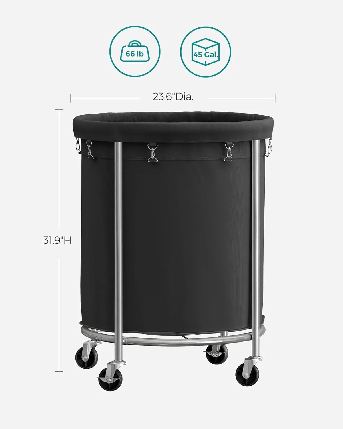SONGMICS Laundry Basket with Wheels, Rolling Laundry Hamper, 45 Gal., Round Laundry Cart with Steel Frame and Removable Bag, 4 Casters and 2 Brakes, Black and Silver URLS001B01