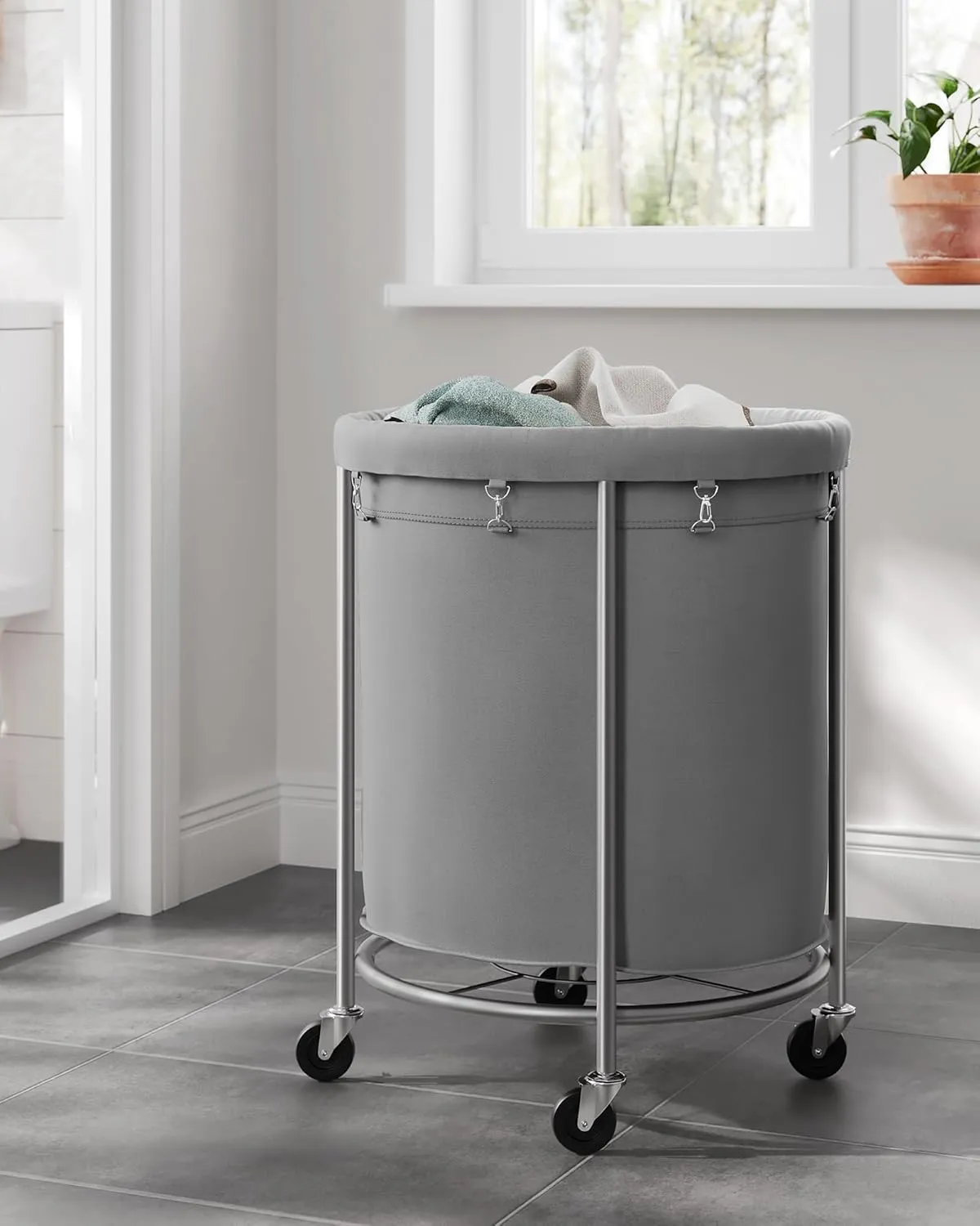 SONGMICS Laundry Basket with Wheels, Rolling Laundry Hamper, 45 Gal., Round Laundry Cart with Steel Frame and Removable Bag, 4 Casters and 2 Brakes, Gray and Silver URLS001G01