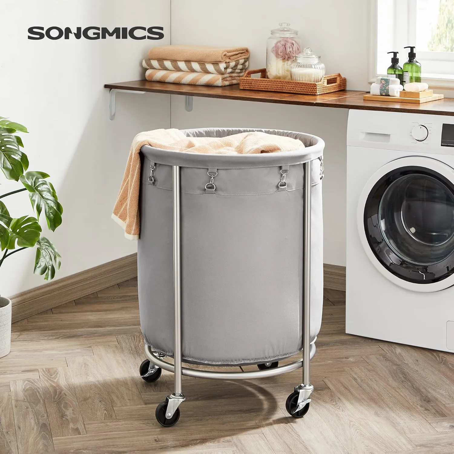 SONGMICS Laundry Basket with Wheels, Rolling Laundry Hamper, 45 Gal., Round Laundry Cart with Steel Frame and Removable Bag, 4 Casters and 2 Brakes, Gray and Silver URLS001G01