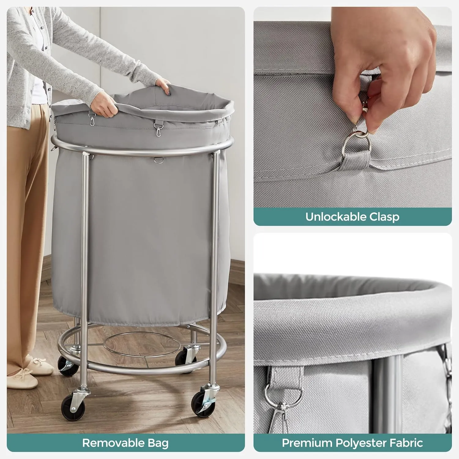 SONGMICS Laundry Basket with Wheels, Rolling Laundry Hamper, 45 Gal., Round Laundry Cart with Steel Frame and Removable Bag, 4 Casters and 2 Brakes, Gray and Silver URLS001G01