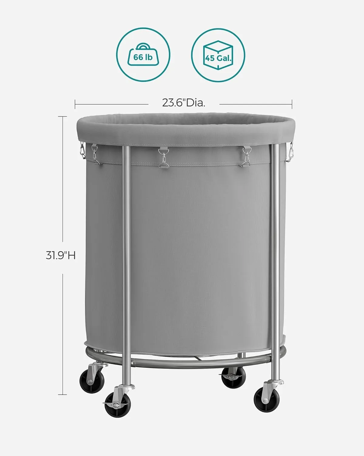 SONGMICS Laundry Basket with Wheels, Rolling Laundry Hamper, 45 Gal., Round Laundry Cart with Steel Frame and Removable Bag, 4 Casters and 2 Brakes, Gray and Silver URLS001G01