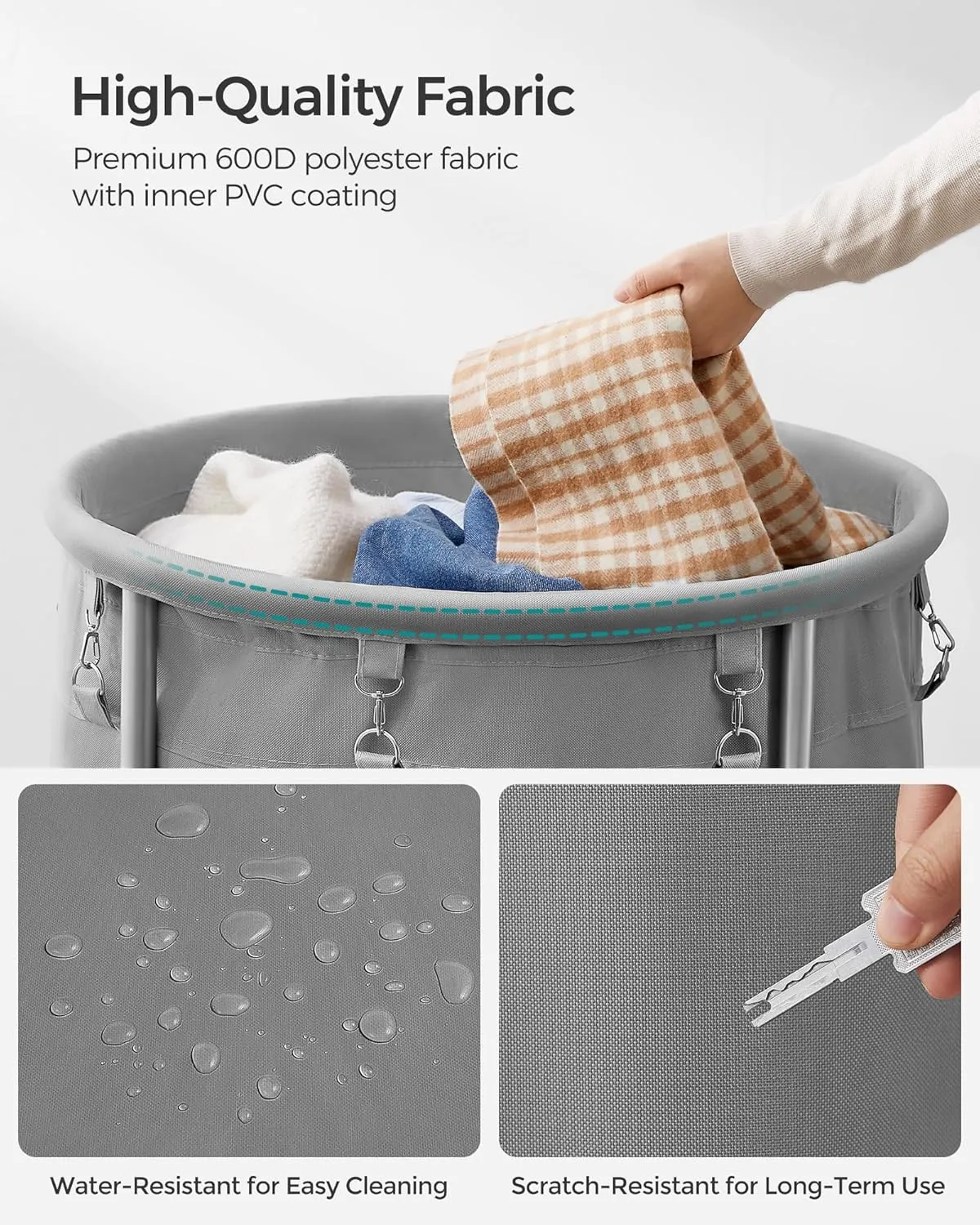 SONGMICS Laundry Basket with Wheels, Rolling Laundry Hamper, 45 Gal., Round Laundry Cart with Steel Frame and Removable Bag, 4 Casters and 2 Brakes, Gray and Silver URLS001G01
