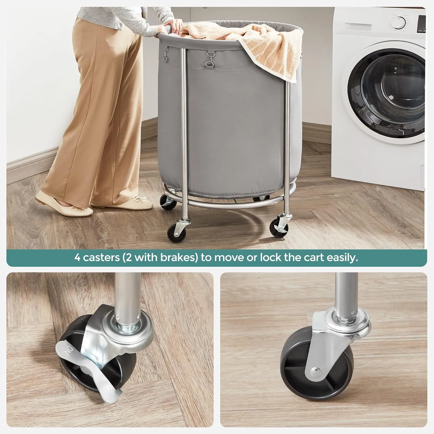 SONGMICS Laundry Basket with Wheels, Rolling Laundry Hamper, 45 Gal., Round Laundry Cart with Steel Frame and Removable Bag, 4 Casters and 2 Brakes, Gray and Silver URLS001G01
