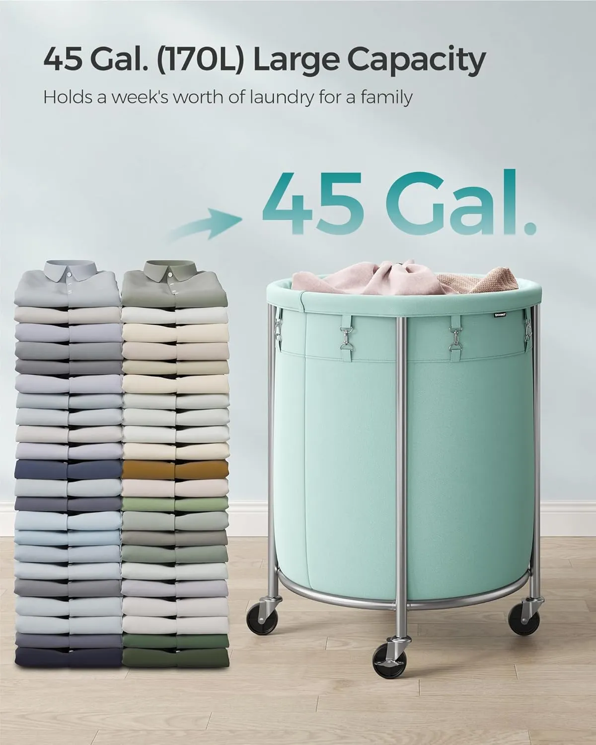 SONGMICS Laundry Basket with Wheels, Rolling Laundry Hamper, 45 Gal., Round Laundry Cart with Steel Frame and Removable Bag, 4 Casters and 2 Brakes, Mint Green and Metallic Silver URLS001C01