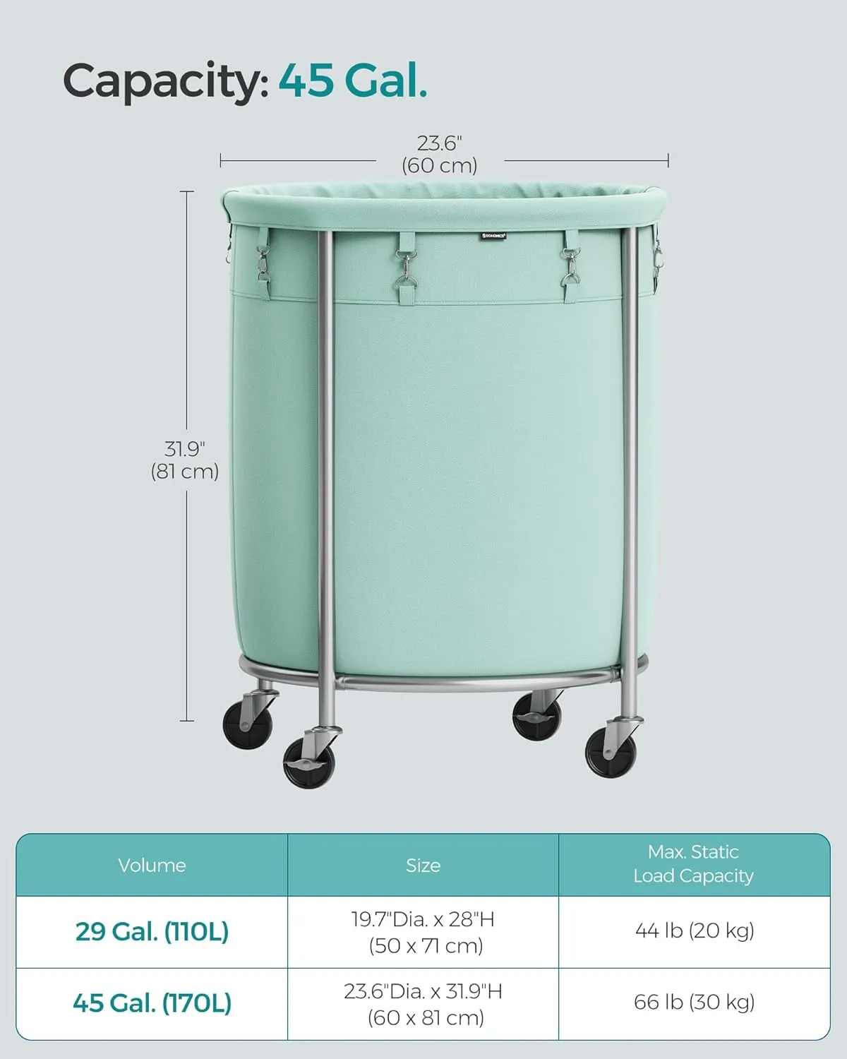 SONGMICS Laundry Basket with Wheels, Rolling Laundry Hamper, 45 Gal., Round Laundry Cart with Steel Frame and Removable Bag, 4 Casters and 2 Brakes, Mint Green and Metallic Silver URLS001C01