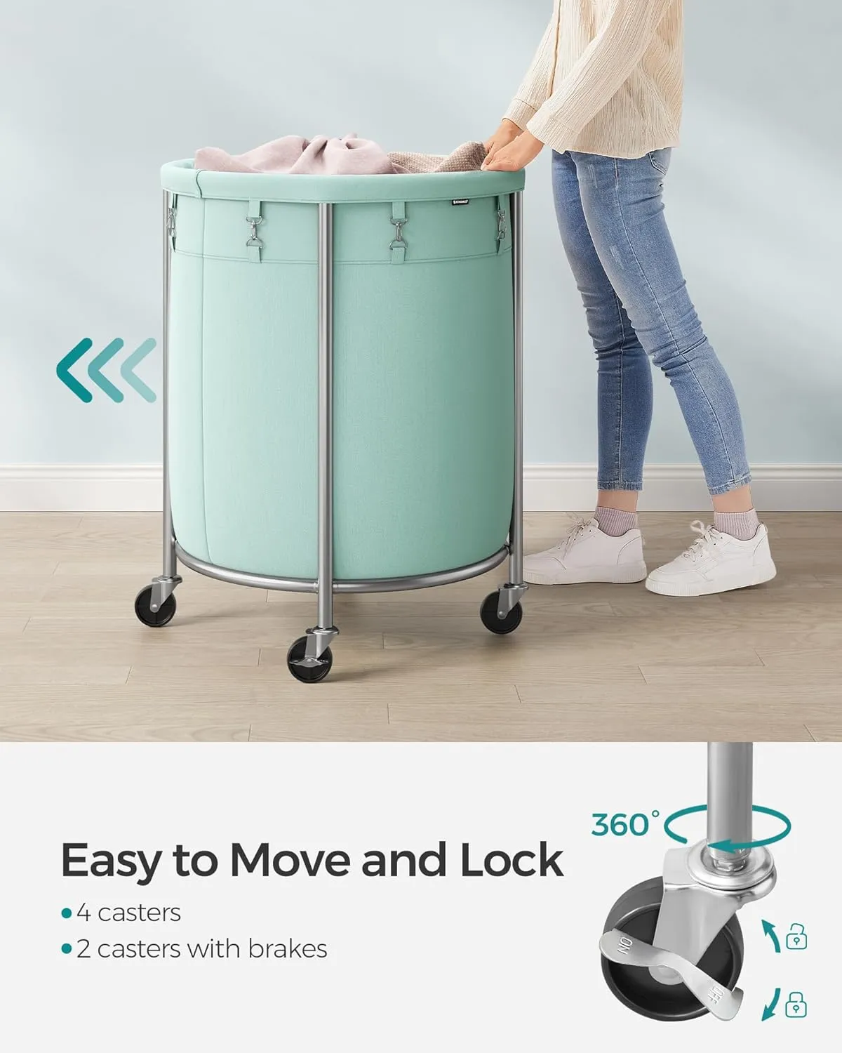 SONGMICS Laundry Basket with Wheels, Rolling Laundry Hamper, 45 Gal., Round Laundry Cart with Steel Frame and Removable Bag, 4 Casters and 2 Brakes, Mint Green and Metallic Silver URLS001C01
