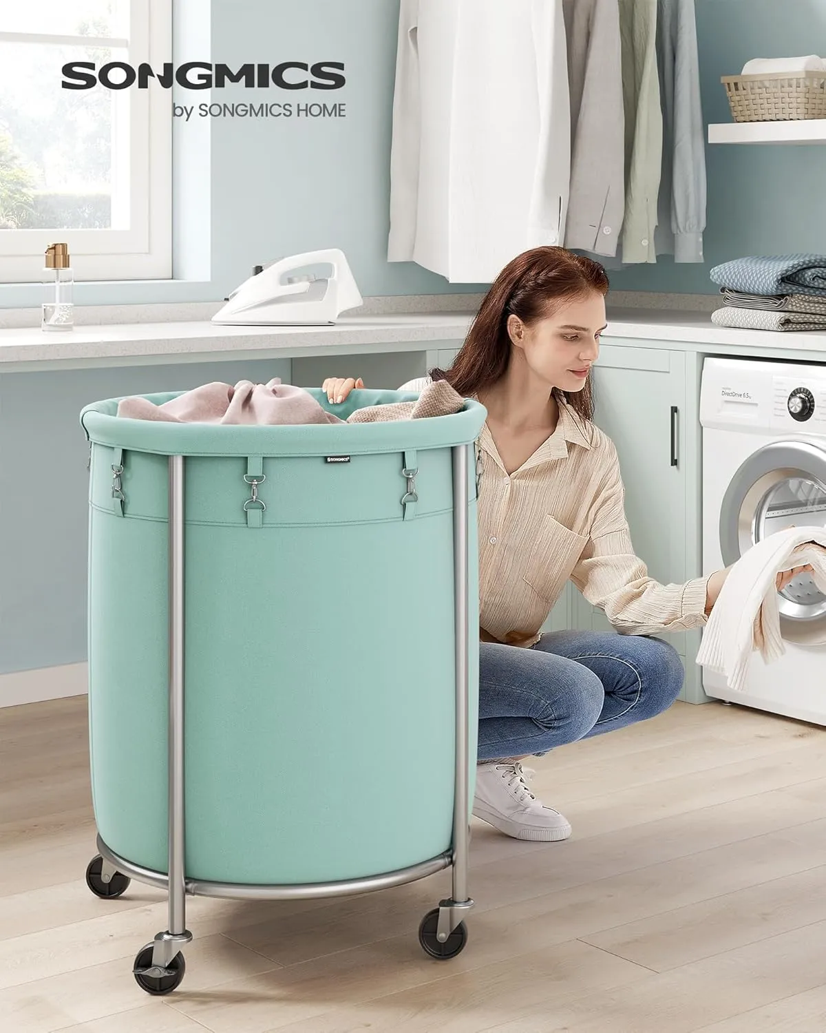 SONGMICS Laundry Basket with Wheels, Rolling Laundry Hamper, 45 Gal., Round Laundry Cart with Steel Frame and Removable Bag, 4 Casters and 2 Brakes, Mint Green and Metallic Silver URLS001C01