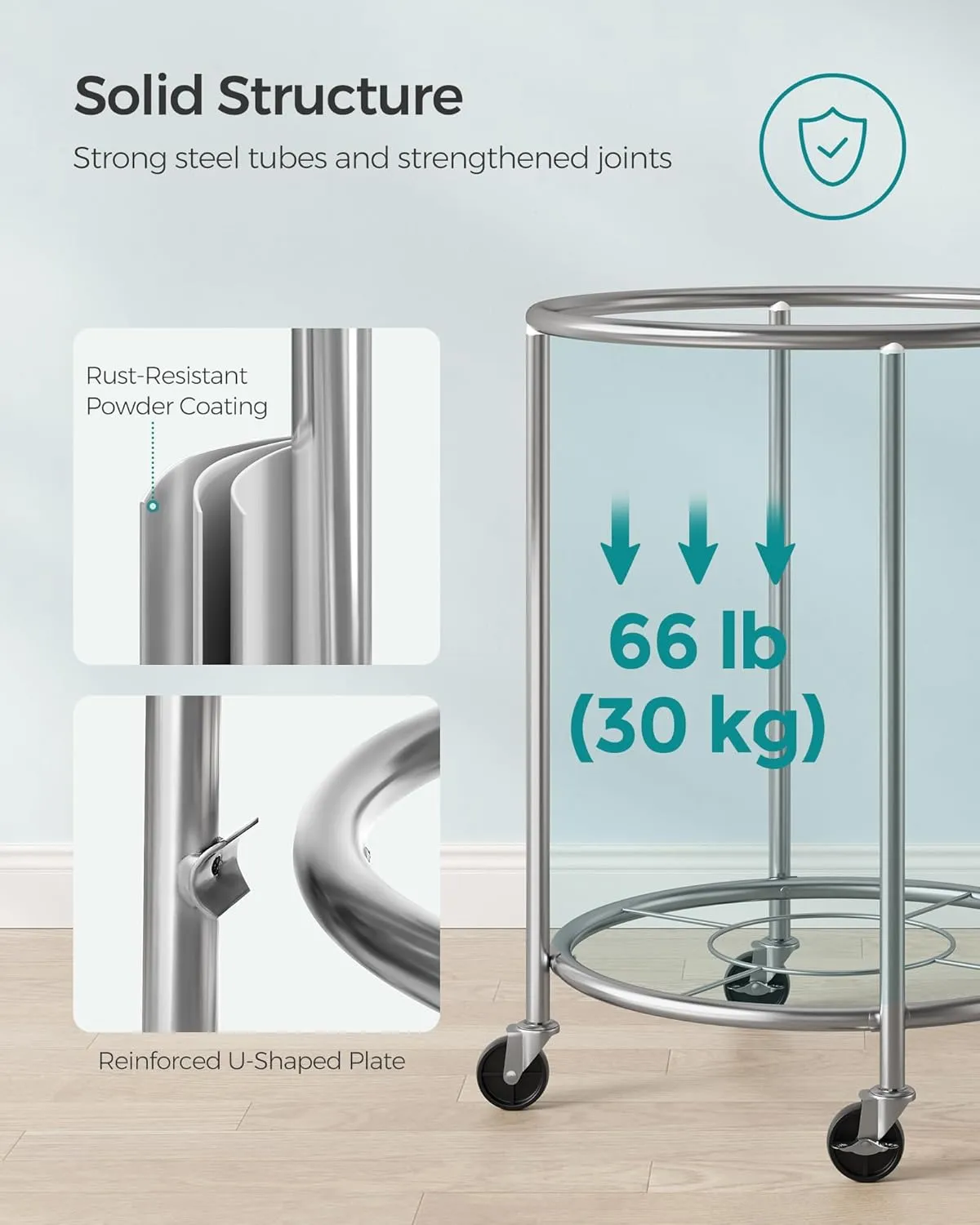 SONGMICS Laundry Basket with Wheels, Rolling Laundry Hamper, 45 Gal., Round Laundry Cart with Steel Frame and Removable Bag, 4 Casters and 2 Brakes, Mint Green and Metallic Silver URLS001C01