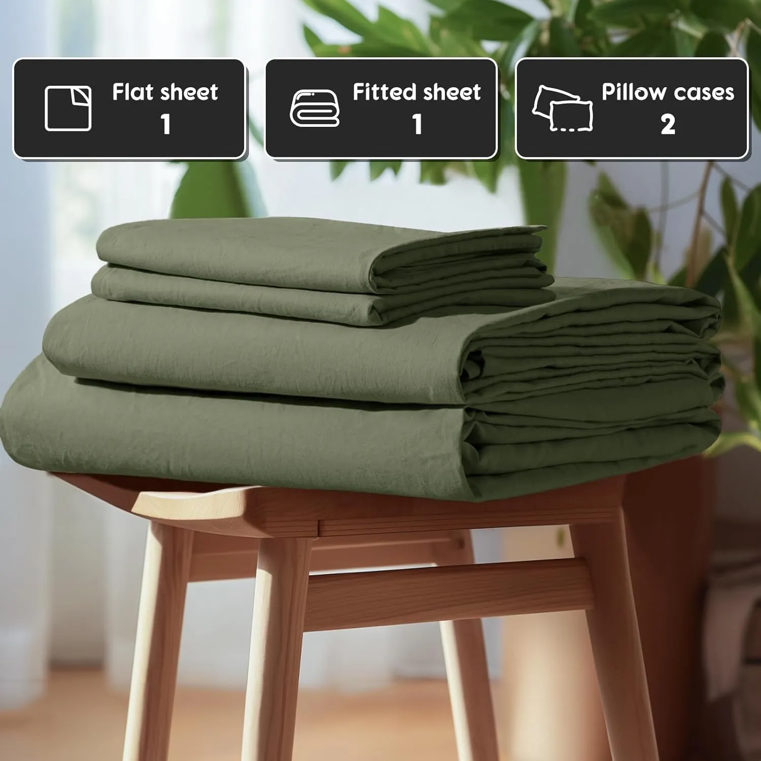 SONORO KATE 100% French Pure Linen Sheets, Breathable and Durable Line King Size Sheets, Anti-Tear Line Bed Sheets, Machine Washable, 16 Inch Deep Pocket - 4 Piece (Olive Green, King)
