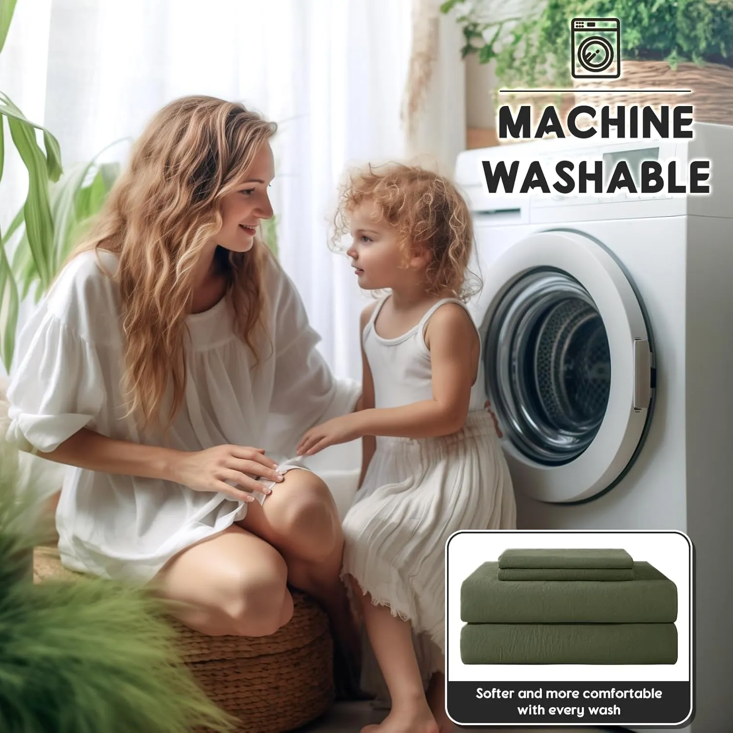 SONORO KATE 100% French Pure Linen Sheets, Breathable and Durable Line King Size Sheets, Anti-Tear Line Bed Sheets, Machine Washable, 16 Inch Deep Pocket - 4 Piece (Olive Green, King)