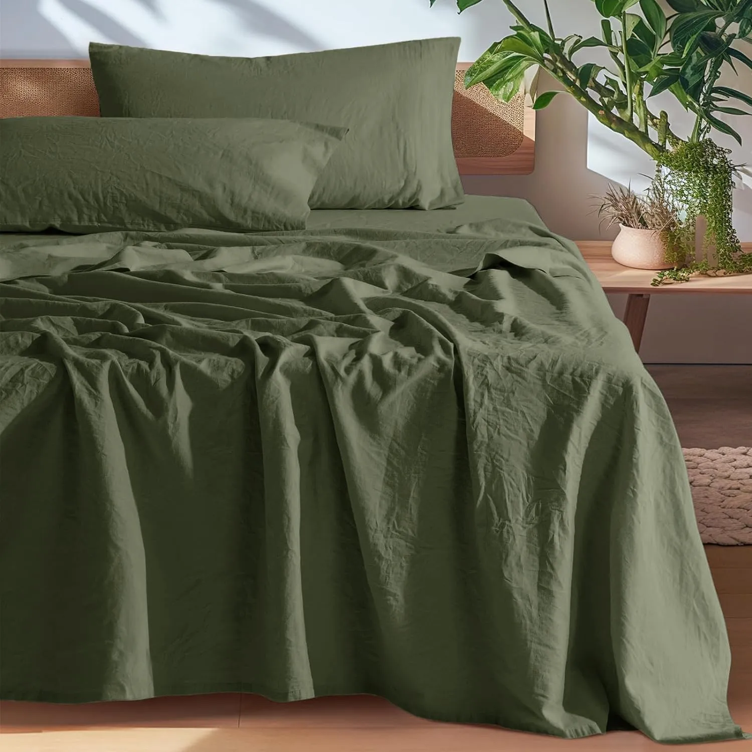 SONORO KATE 100% French Pure Linen Sheets, Breathable and Durable Line King Size Sheets, Anti-Tear Line Bed Sheets, Machine Washable, 16 Inch Deep Pocket - 4 Piece (Olive Green, King)