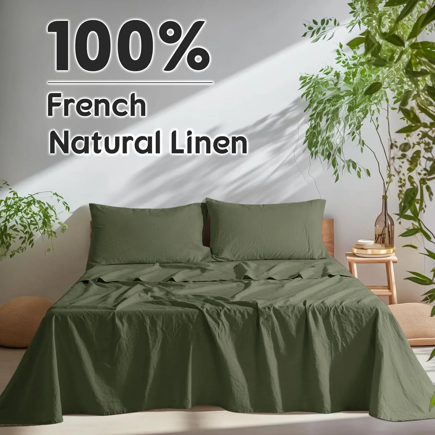 SONORO KATE 100% French Pure Linen Sheets, Breathable and Durable Line King Size Sheets, Anti-Tear Line Bed Sheets, Machine Washable, 16 Inch Deep Pocket - 4 Piece (Olive Green, King)