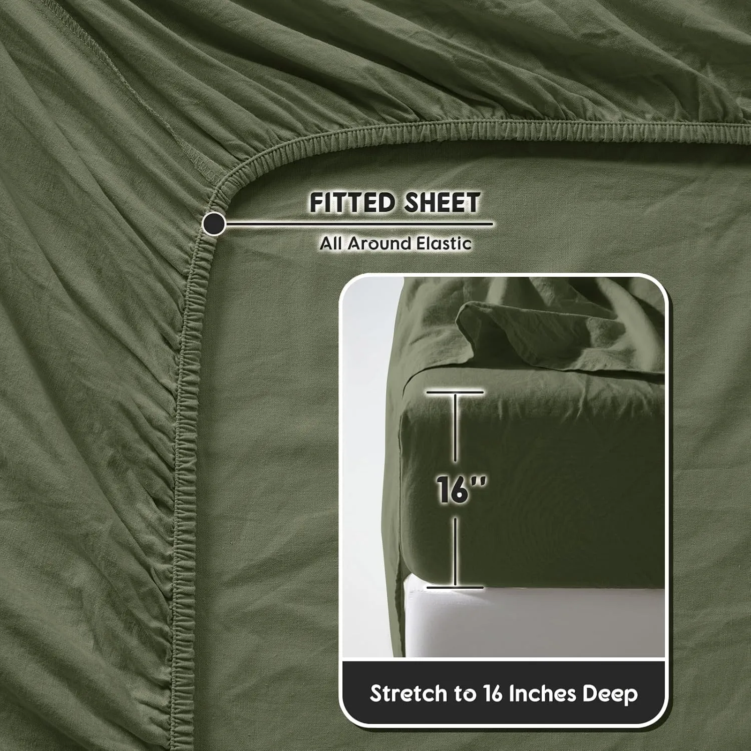 SONORO KATE 100% French Pure Linen Sheets, Breathable and Durable Line King Size Sheets, Anti-Tear Line Bed Sheets, Machine Washable, 16 Inch Deep Pocket - 4 Piece (Olive Green, King)