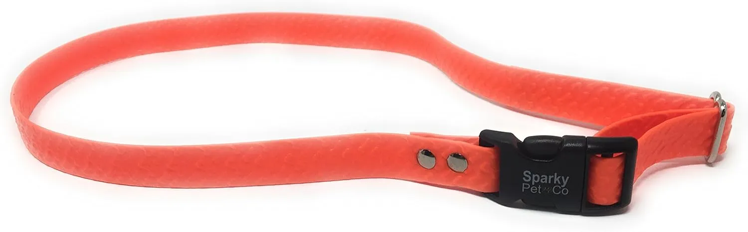Sparky PetCo Compatible 1" Waterproof Biothane Bone Embossed Compatible with Petsafe Bark in- Underground Systems No Hole Strap Wraps Around The Receiver (NEON Orange)
