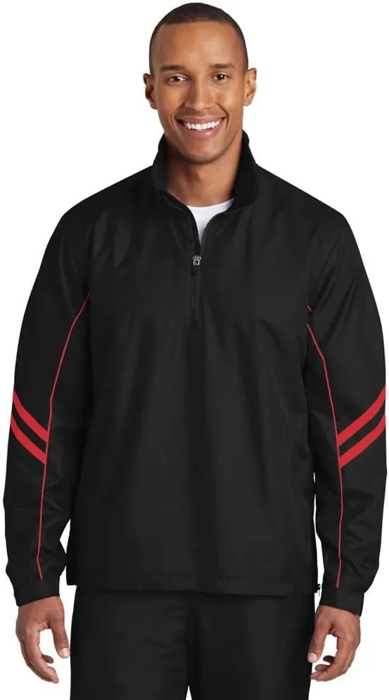 SPORT-TEK Mens Shield Ripstop 1/2-Zip Pullover (JST84), Black/True Red, X-Large