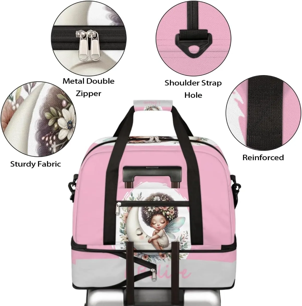 Sports Gym Bag Pink African Girl Large Travel Duffel Bag With Shoe Compartment Foldable Waterproof Carry-On Weekend Travel Bags for Camping Overnight Yoga Hospital Travel Bags