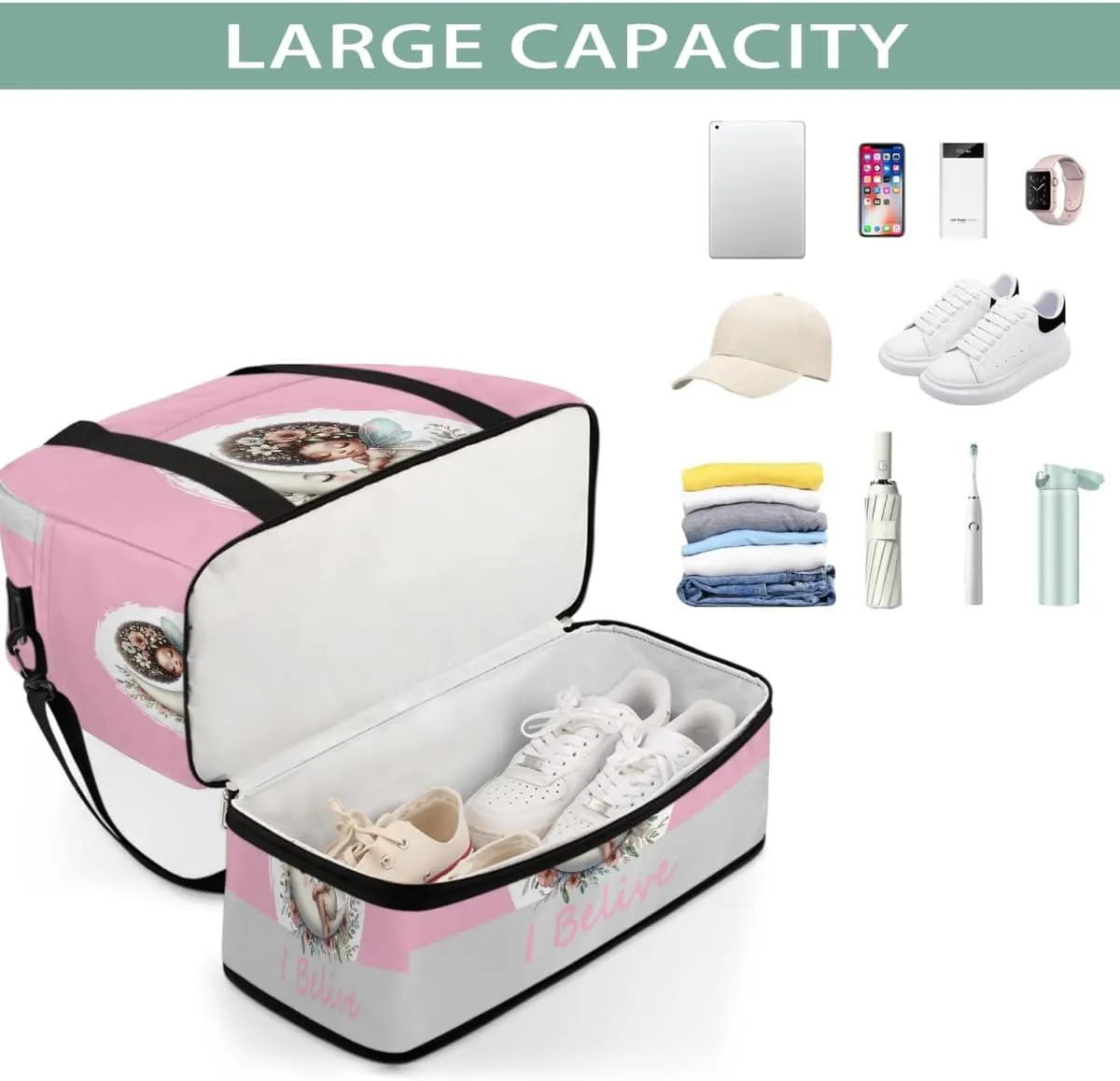 Sports Gym Bag Pink African Girl Large Travel Duffel Bag With Shoe Compartment Foldable Waterproof Carry-On Weekend Travel Bags for Camping Overnight Yoga Hospital Travel Bags