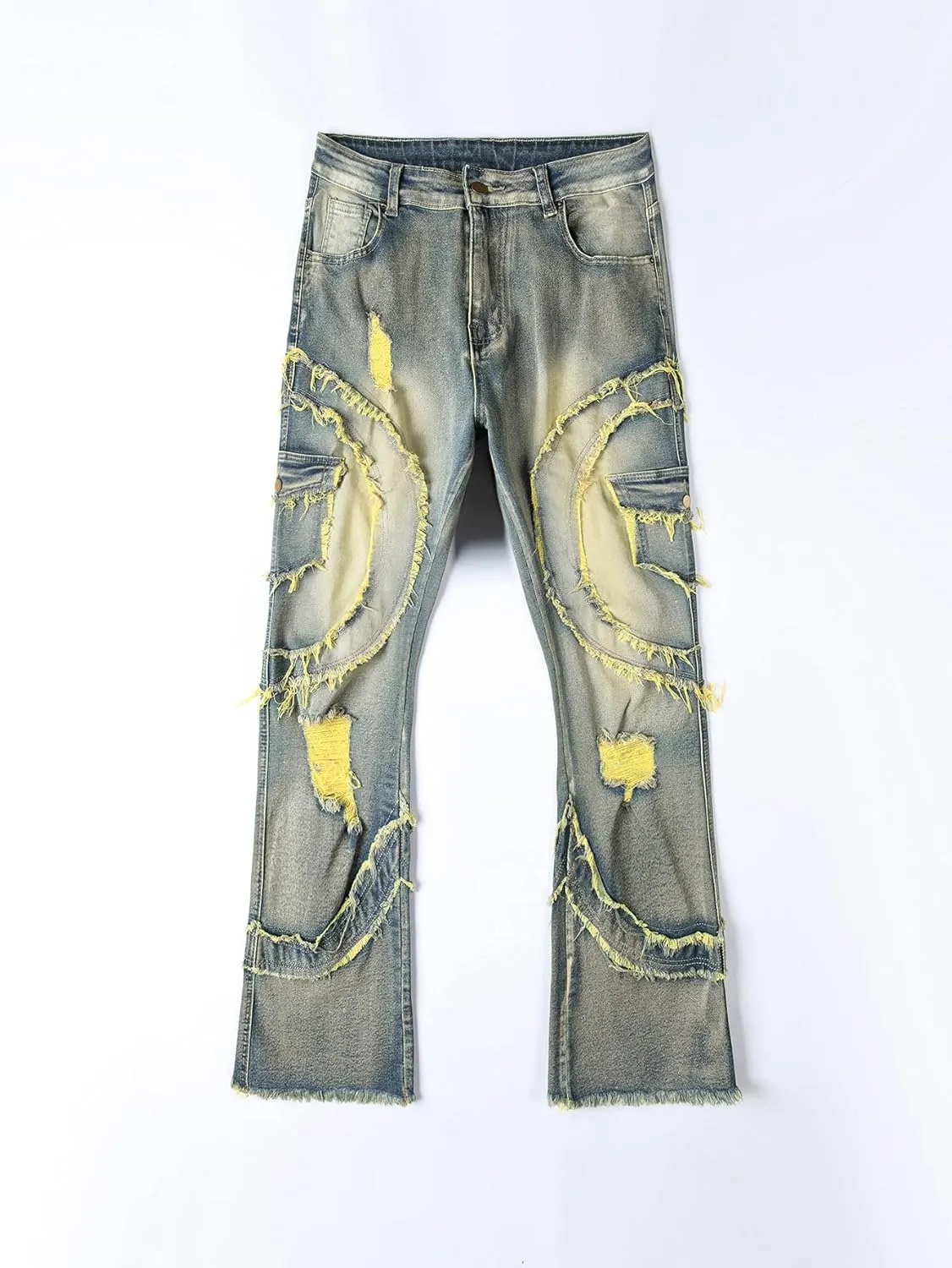 Stacked Jeans Men Ripped Raw Trim Stretch Fit Skinny Vintage Denim Pants Slim Fit Fashion Trousers Streetwear