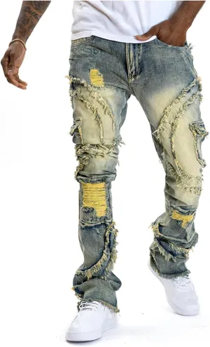 Stacked Jeans Men Ripped Raw Trim Stretch Fit Skinny Vintage Denim Pants Slim Fit Fashion Trousers Streetwear