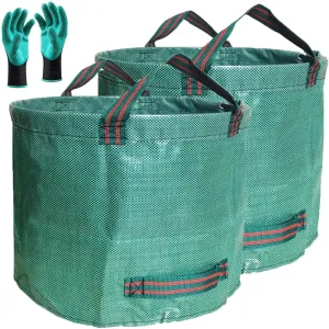 Standard 2-Pack 32 Gallon Yard Garden Bags (D18, H30 inch) with Gardening Gloves for Yard Waste,Debris Bags,Recycling Bin,Camping Trash Container,Laundry Bag,Lawn Grass Clippings,Leaf Bag w/ 4 Handles